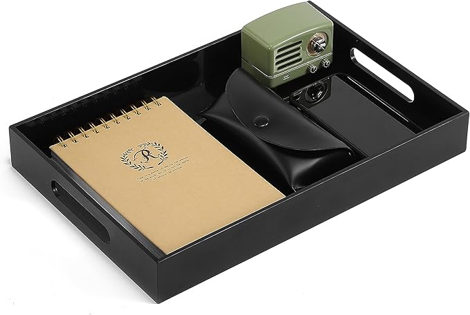 Glossy Black Sturdy Acrylic Serving Tray with Handles-12x20Inch-Serving Coffee,Appetizer,Breakfast,Butler-Kitchen Countertop Tray-Makeup Drawer Organizer-Vanity Table,Ottoman Tray-Decorative