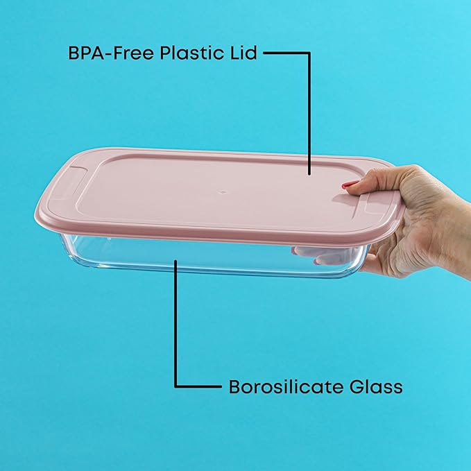 JoyJolt 8-Piece Borosilicate Glass Oven Dishes with Blushy Pink Lids, Rectangle Deep Glass Baking Dish Set, Baking Pans for Lasagna Casserole Cake, Bakeware Set, Freezer to Oven Tray to Dishwasher