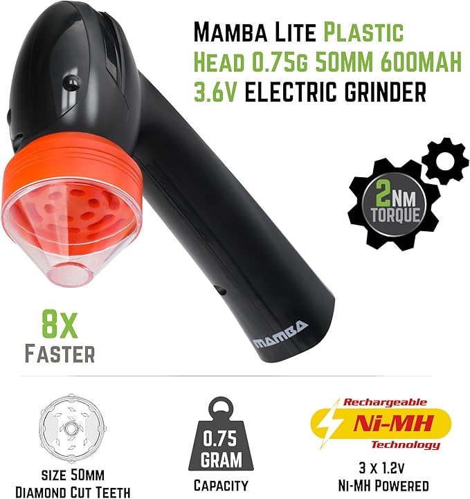 Mamba Lite 0.75g Orange All Plastic Head USB Electric Herb Grinder. Small Portable Herbal Machine & Spice Mill for the Kitchen