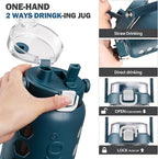 MUKOKO Half Gallon/64 oz Glass Water Bottles with Straw and Lid,Motivational Water Jug with Time Marker Reminder and Silicone Sleeve,100% Leakproof BPA Free Fitness Sports Large Bottle-Blue