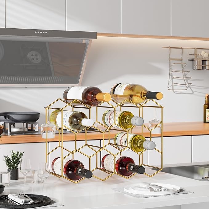 Urban Deco Countertop Wine Rack for 14 Bottles - No Assembly Required Modern Wine Bottle Holder Stand for Cabinet, Kitchen, Bar, Pantry - Gold Wire Wine Rack Inserts