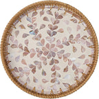 Round Rattan Tray for Home Decor 11.8 inch, Modern and Boho Decor Serving Tray with Mother of Pearl Inlay, Wicker Basket for Coffee Table, Hand Woven Decorative Tray Plates (Gold)