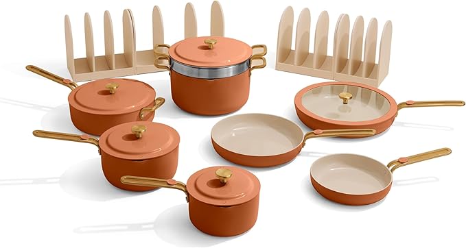 Our Place 17-Piece Essentials Complete Cookware Set - Ceramic Fry Pans, Saucepans, Sauté Pan, Stock Pot, Strainer Basket & Modular Storage | Thermakind™ Nonstick, Oven Safe up to 450°F | Terracotta