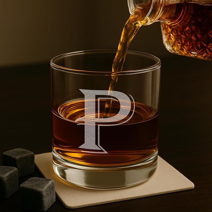 On The Rox Drinks (P-Monogram)- 4 Piece Set of 11 Ounce Engraved Heavy Base Rocks Glasses Elegant Glass-Multi-Purpose Beverage-Rocks Glass- Gift for any Occasion