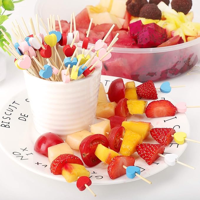 Minisland Red Love Heart Cocktail Picks, 4.7 Inch Long Bamboo Fancy Toothpicks for Appetizers, Decorative Bridal Wedding Valentines Party Food Drinks Garnish Fruit Skewer Sticks 100 Counts -MSL131