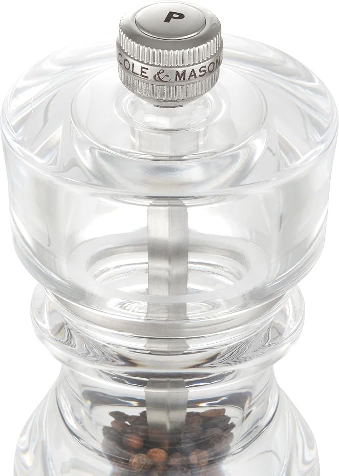 Cole & Mason London Refillable Spice Mill - Kitchen & Home Accessory - Table Black Pepper Grinder - Pepper Mill with Carbon Steel Mechanism - 5", Acrylic