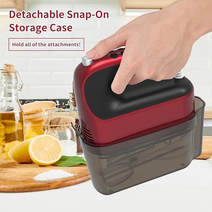 9-Speed Digital Hand Mixer Electric, 400W DC Motor, Hand Mixer electric Handheld with Snap-On Storage Case, Touch Button, Turbo Boost, 5x Stainless Steel Accessories (Red)