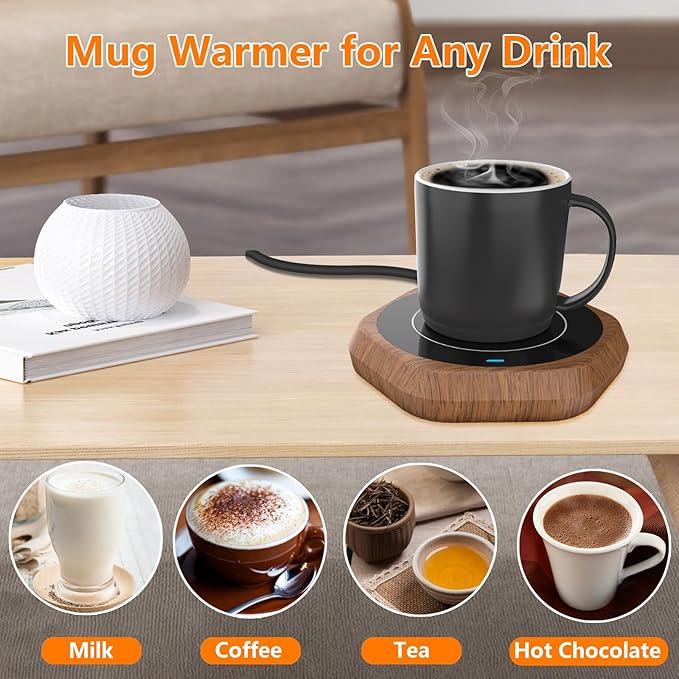 Smart Beverage Heating Plate Candle Wax Cup Warmer Electric Thermostat Coaster for Hot Coffee Milk Tea Water Cocoa Desk Home Office Use (R1 Wood Grain)