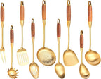 Gold Kitchen Utensils Set, 9 PCS 18/10 Stainless Steel Cooking tools Wood Handle, Solid and Slotted Spoon, Fork, Spatula, Ladle, Skimmer, Slotted Tunner, Spaghetti and Large Spoon