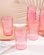 Ciaell 12 Pack Romantic Plastic Water Glasses - 14 Oz Pink Vintage Drinking Glasses, Embossed Ribbed Plastic Cups, Textured Striped Set for Juice, Beverages, Beer, Cocktail