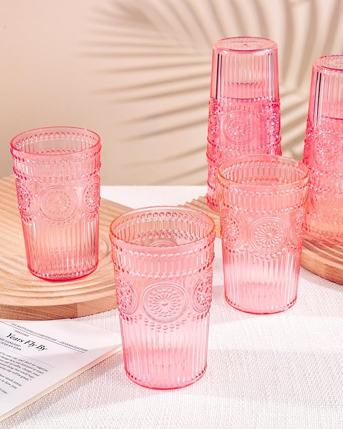 Ciaell 12 Pack Romantic Plastic Water Glasses - 14 Oz Pink Vintage Drinking Glasses, Embossed Ribbed Plastic Cups, Textured Striped Set for Juice, Beverages, Beer, Cocktail