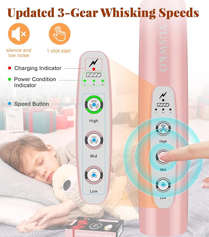 YUSWKO Milk Frother Handheld for Coffee, Rechargeable Drink Mixer with 3 Heads 3 Speeds Electric Coffee Frother Whisk, Gift for Many Occasions and Festival