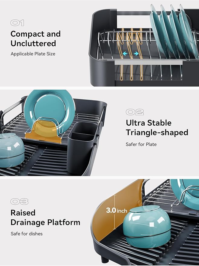 SUNLY Dish Drying Rack, Expandable Dish Racks for Kitchen Counter, Space Saving Kitchen Drying Rack with Sleek & Modern Design, Rust Proof Stainless Steel Dish Drainers with Utensil Holder, Deep Gray