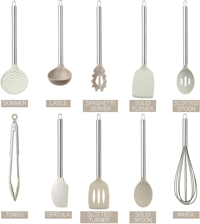 COOK WITH COLOR Silicone Cooking Utensils, Kitchen Utensil Set, Easy to Clean Silicone Kitchen Utensils, Cooking Utensils for Nonstick Cookware, Kitchen Gadgets Set, 10 Pieces, Brown