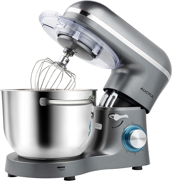 Aucma Stand Mixer,6.5-QT 660W 6-Speed Tilt-Head Food Mixer, Kitchen Electric Mixer with Dough Hook, Wire Whip & Beater (6.5QT, Gray)