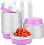 Beasea Disposable Mini Pans with Lids, 100 Pack 4” 8oz Light Pink Aluminum Baking Foil Tins Round Small Tart Container for Individual Cupcake Dessert Muffin Ramekin Cheesecake Quiche Oven Dishes