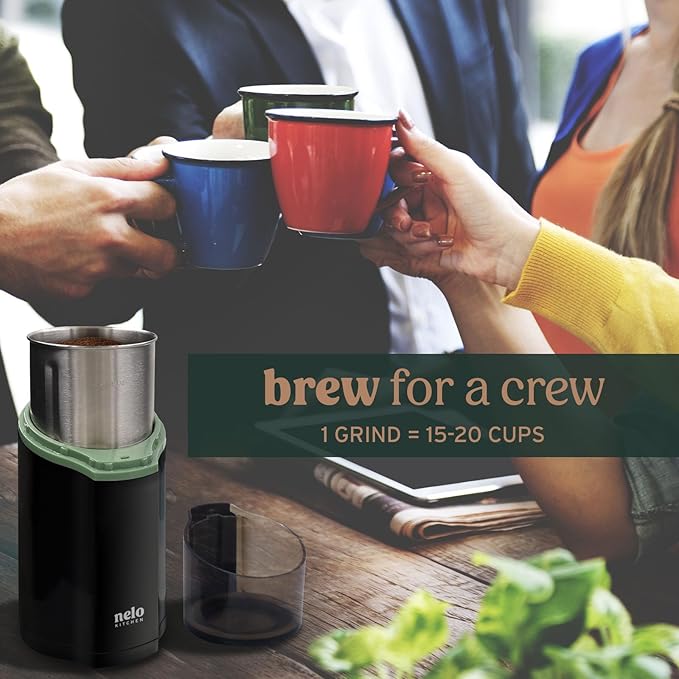 NELO 3.5oz One-Touch Coffee Grinder, Power Grind with Removable BPA Free Stainless Steel Dishwasher Safe Bowl, 15 Cups, Easy Use, 200 Watts, Electric Coffee Bean Grinder, Spice Grinder, Nuts, Black