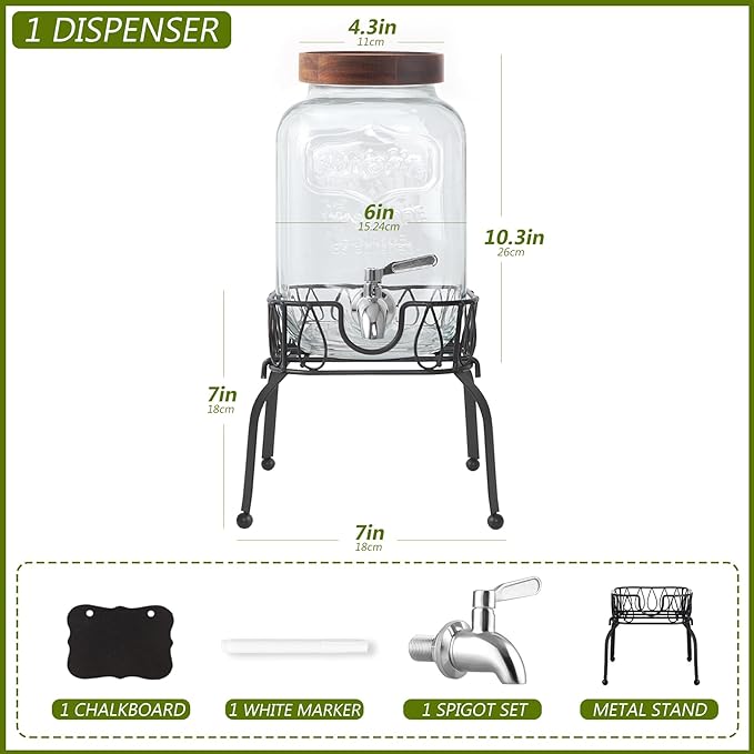 1 Gallon Drink Dispenser with Spigot 18/8 Stainless Steel – Airtight & Leakproof Glass Sun Tea Jar with Anti-Rust Lids, Beverage Dispenser for Parties (Single with Stand)