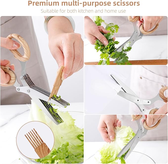2025 New Herb Scissors Set - Wood Grain Pattern 5 Blades with Cover and Comb - Skin-Friendly Handle, Delicate Grip - Dishwasher Safe, Anti-Rust Stainless Steel for Cutting Fresh Garden Herbs