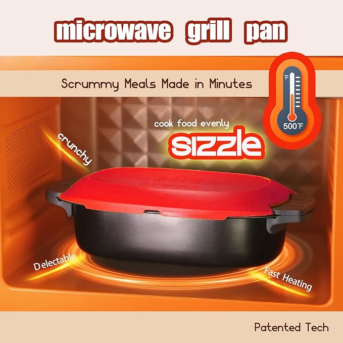 Quick-Heat Microwave Egg Cooker and 33 OZ Microwave Grill Combo | 2-Piece Breakfast Maker Set for Grilling, Frying, Crisping Meat, Bacon, Pancakes & Veggies | Dishwasher Safe & Non-Stick for Kitchen RV, Dorm, Office(Red)
