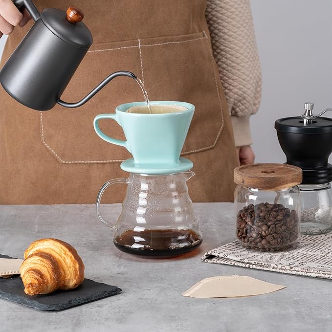 Pour Over Coffee Maker, Pour Over Coffee Dripper with 3 Holes Flat Bottom, Ceramic Drip Coffee Pour Over, Coffee Accessories for Travel, Camping, Office, Home(Green)