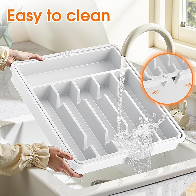 Silverware Organizer，Adjustable & Expandable Utensil Drawer Organizer, BPA Free Utensil Holder, Cutlery Tray for Forks, Spoons, Knives in Kitchen, Large, White