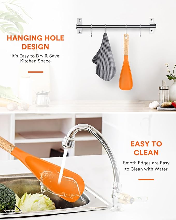 Cooking Spoon for Nonstick Cookwares, Great for Cooking and Serving Sturdy BPA-Free Matte Silicone, Wood Handle Spoon for Mixing, Scoop, and Scrape (ORANGE)