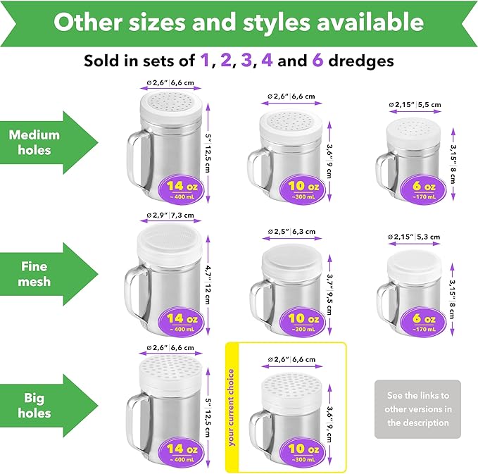 CUSINIUM 10oz Metal Parmesan Cheese Shakers with Large Holes - With Handle - Chili Flakes Dispensers - Pizza Shakers - Pack of 4 | Style: Coarse