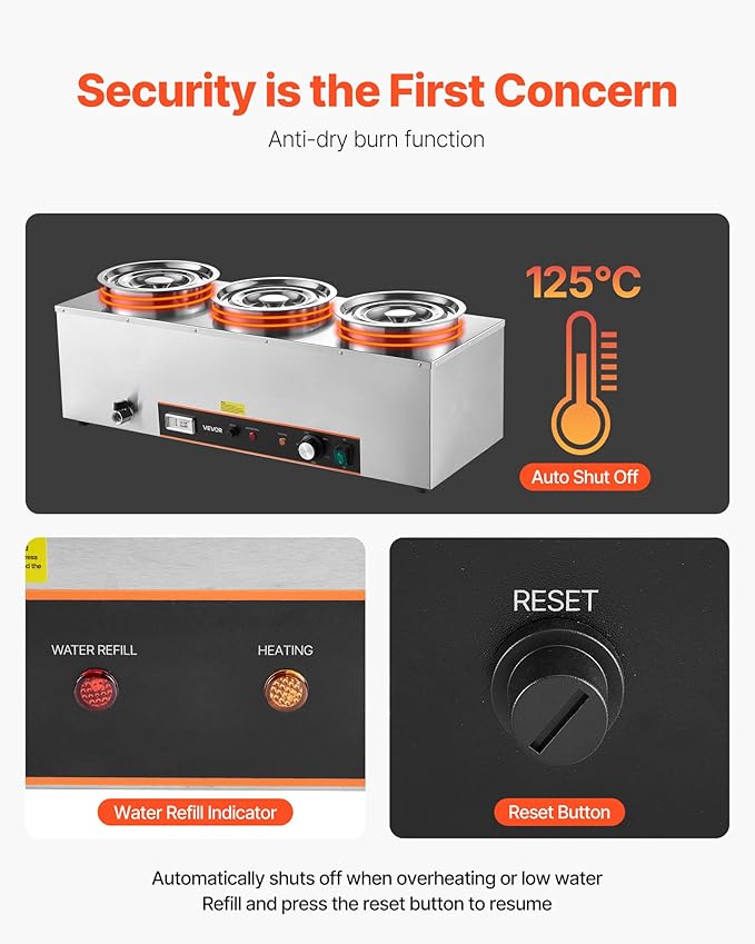 VEVOR Electric Soup Warmer, Three 6.34QT Stainless Steel Round Pot with 86~185°F Adjustable Temp, 1500W Commercial Bain Marie with Anti-Dry Burn and Reset Button, Soup Station for Restaurant, Buffet