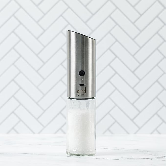 Grind Gourmet Automatic Electric Salt or Pepper Grinder Mill, USB Rechargeable, Adjustable Coarseness, One-Handed Operation, Stainless Steel