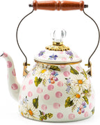 MACKENZIE-CHILDS Enamel Tea Kettle, Cute Kitchen Kettle for Stovetop, 2-Quart Capacity, Pink Wildflowers