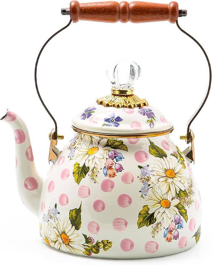 MACKENZIE-CHILDS Enamel Tea Kettle, Cute Kitchen Kettle for Stovetop, 2-Quart Capacity, Pink Wildflowers