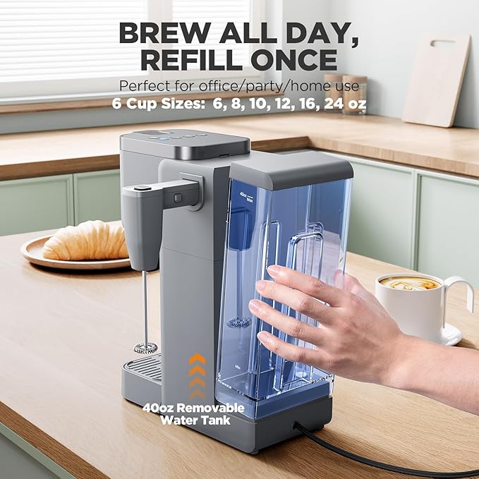 Single Serve Coffee Maker with Built-in Detachable Milk Frother, Iced and Hot Coffee Machine for K Cup & Grounds, 40oz Removable Water Reservoir, 6 Cup Sizes, Fits 7.3" Travel Mug, Gray
