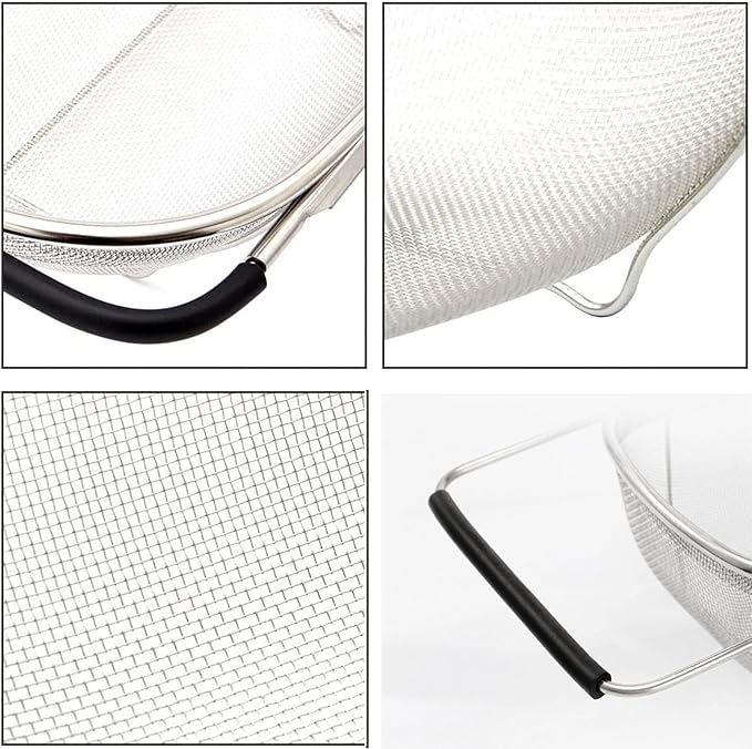 Over The Sink Colander, 4 Quarts Stainless Steel Oval Colander with Expandable Rubber Grip Handle, Fine Mesh Strainer Baskets Kitchen Colander for Strain, Drain, Rinse Vegetables, Fruits, Black
