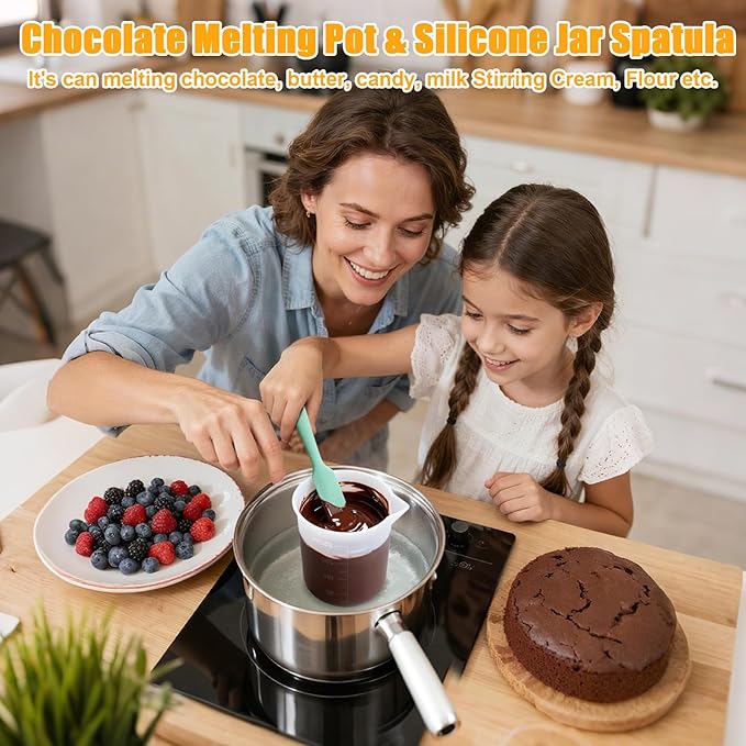 Palksky Silicone Chocolate Melting Cup Set with 4 Silicone Measuring Cups (250ml & 350ml) and 4PCS Heat-Resistant Jar Spatulas, Non-Stick Baking Tools for DIY Chocolate, Butter & Cream Mixing