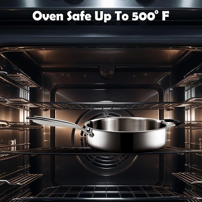 Tri-Ply Stainless Steel Saute Pan with Steamer, 5 Quart Deep Sauté Pan with Lid and Stay Cool Handle,11.5 Inch Frying Pan,Dishwasher and Oven Safe,Induction Stainless Steel Cookware
