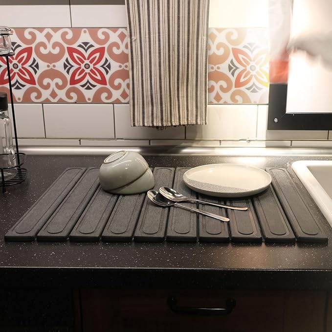 Hopegiver Dark Gray Stone Drying Mat for Kitchen Counter, 23.62"x15.35" Engraved Design Quick Dry Stone Mat, Super Absorbent Diatomaceous Earth Dish Drying Mat for Kitchen Bathroom, with Sanding Tools