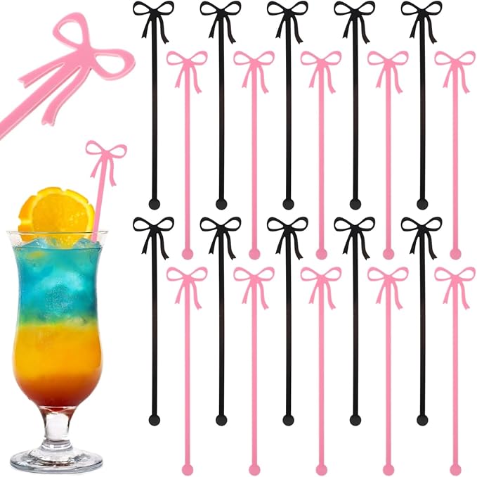 36Pcs Acrylic Bow Drink Stirrers, Acrylic Swizzle Sticks with Coquette Pink and Black Bows, 5.7 x 1.2 in Cocktail Stirrers for Wedding, Birthday, Holiday, Bow-Themed Party Drink Decoration