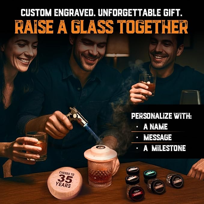 Custom Whiskey Cocktail Smoker Kit with Torch & Wood Chips - Premium Set, USA Oak Smoker - Old Fashioned Cocktail Kit for Whiskey Lovers - Bourbon Gifts for Men - Gift from Wife, Daughter, Son