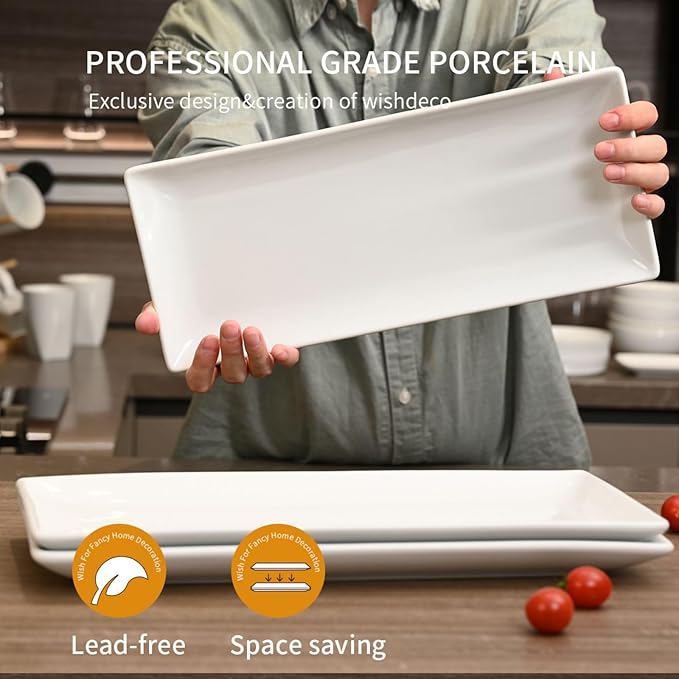 Serving Platters Set of 3, Large Serving Trays 14 inch, White Serving Plates, Ceramic Rectangle Plate, Long Platter for Cake, Sushi, Steak, Dessert, Buffet