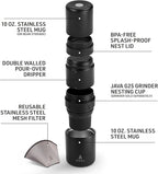 Nest Pour Over Coffee Kit | Coffee Maker for Camping | All-In-One Travel Pour Over | Transportable Dripper, Two 10oz Stainless Steel Travel Mugs | Compact Storage & Adventure Ready | Black