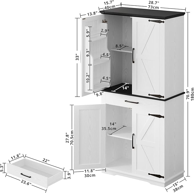 IRONCK Farmhouse Kitchen Pantry Cabinet, Tall Storage Cabinet with 6 Hanging Shelves and Adjustable Shelves, Freestanding Cupboard with Barn Doors for Kitchen, Dining Room，White/Black