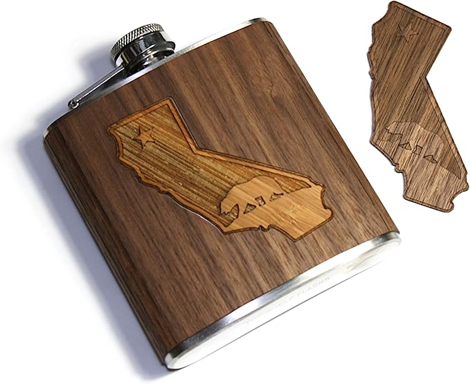 WUDN 6 oz. Wooden Hip Flask - Stainless Steel Body, California Inlay in Black Walnut & Bamboo
