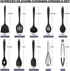 TeamFar Silicone Cooking Utensils, 10 pcs Kitchen Cooking Utensils Set, 446°F Heat Resistant Kitchen Gadgets Tools Set w/Spatula, Turners, Spoons, Soup Ladle, Pasta Server for Nonstick Cookware, Black