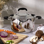 Rorence Stainless Steel Stock Pot with Pour Spout & Silicone Handles & Glass Lid with Strainer - 3.7 Quart