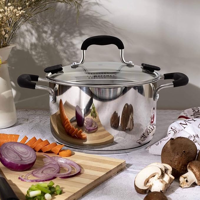 Rorence Stainless Steel Stock Pot with Pour Spout & Silicone Handles & Glass Lid with Strainer - 3.7 Quart