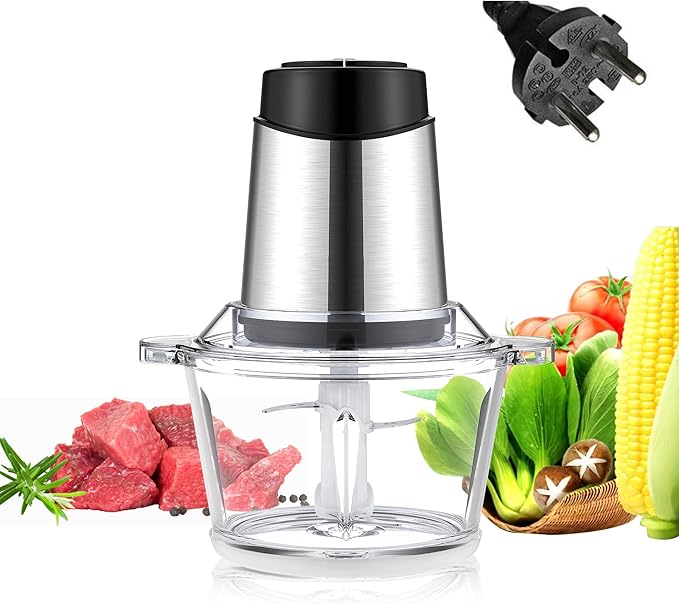220V Food Processor & 2L Meat Grinder Chopper for for Meat, Vegetables, Fruits and Nuts,4 Bi-Level Blades, Stainless Steel (EU Plug pro)