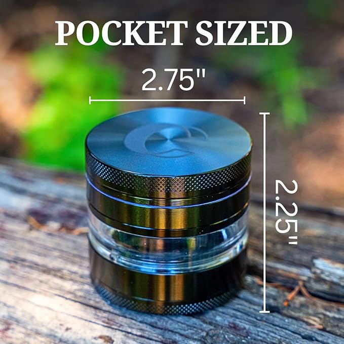 Clear Cut 4 Piece Herb Grinder – 2.75" Manual Dry Herb Grinder, Spice Mill with Transparent Storage Chamber & Diamond-Sharp Teeth, Aluminum Alloy, Portable, Easy-Clean Design