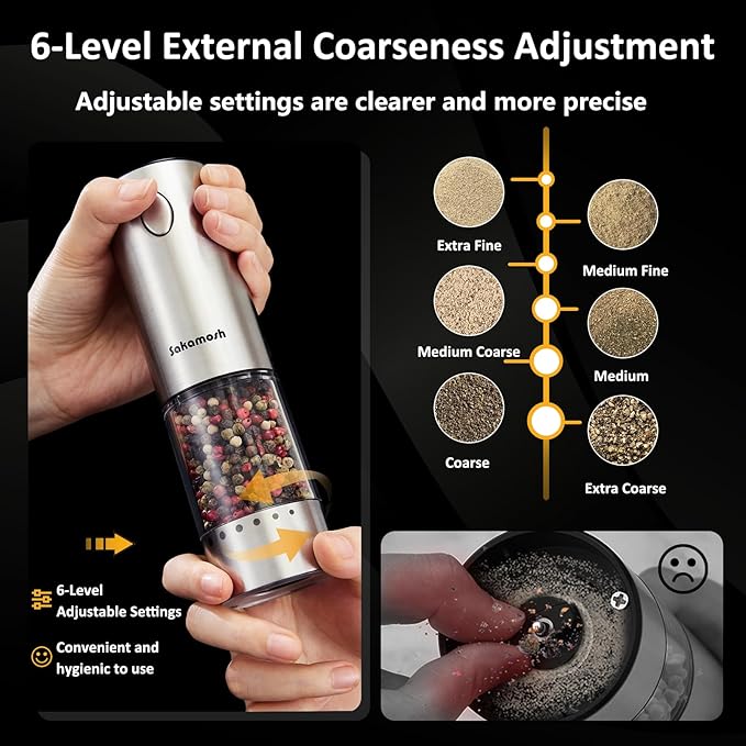 Electric Salt and Pepper Grinder Set Rechargeable, Auto One-handed Operation Pepper Mill with LED Light, EXT. Coarseness Adjustment, 2-Speed Control, Stainless Steel Salt Shakers (2 Pack)