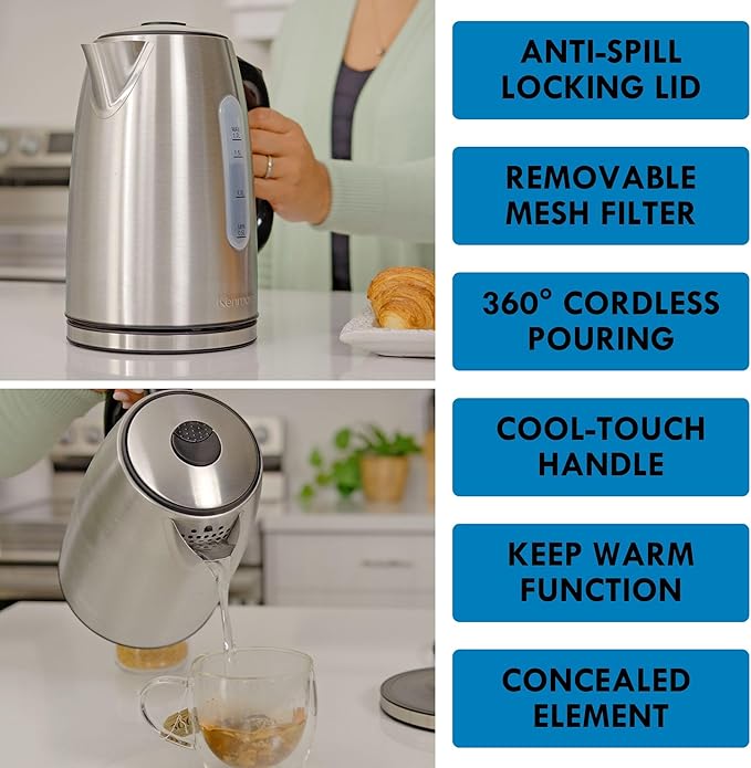 Kenmore Kettle - Digital Cordless Electric Kettles for Instant hot tea & coffee stainless steel automatic shut-off temperature control for boiling water spout filter countertop kitchen appliance 1.7L